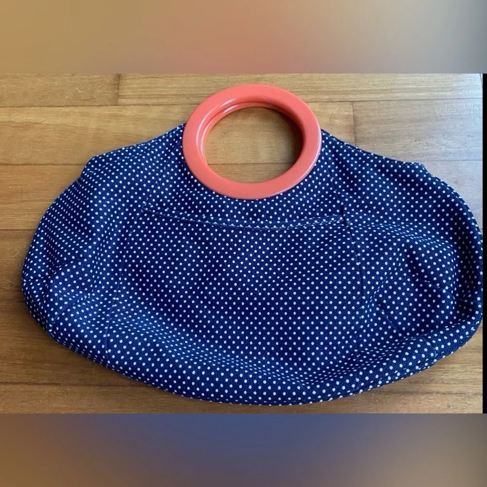 J.Crew Purse bag, cotton canvas navy-Royal & white pin dot Coral acrylic handles - Picture 1 of 14